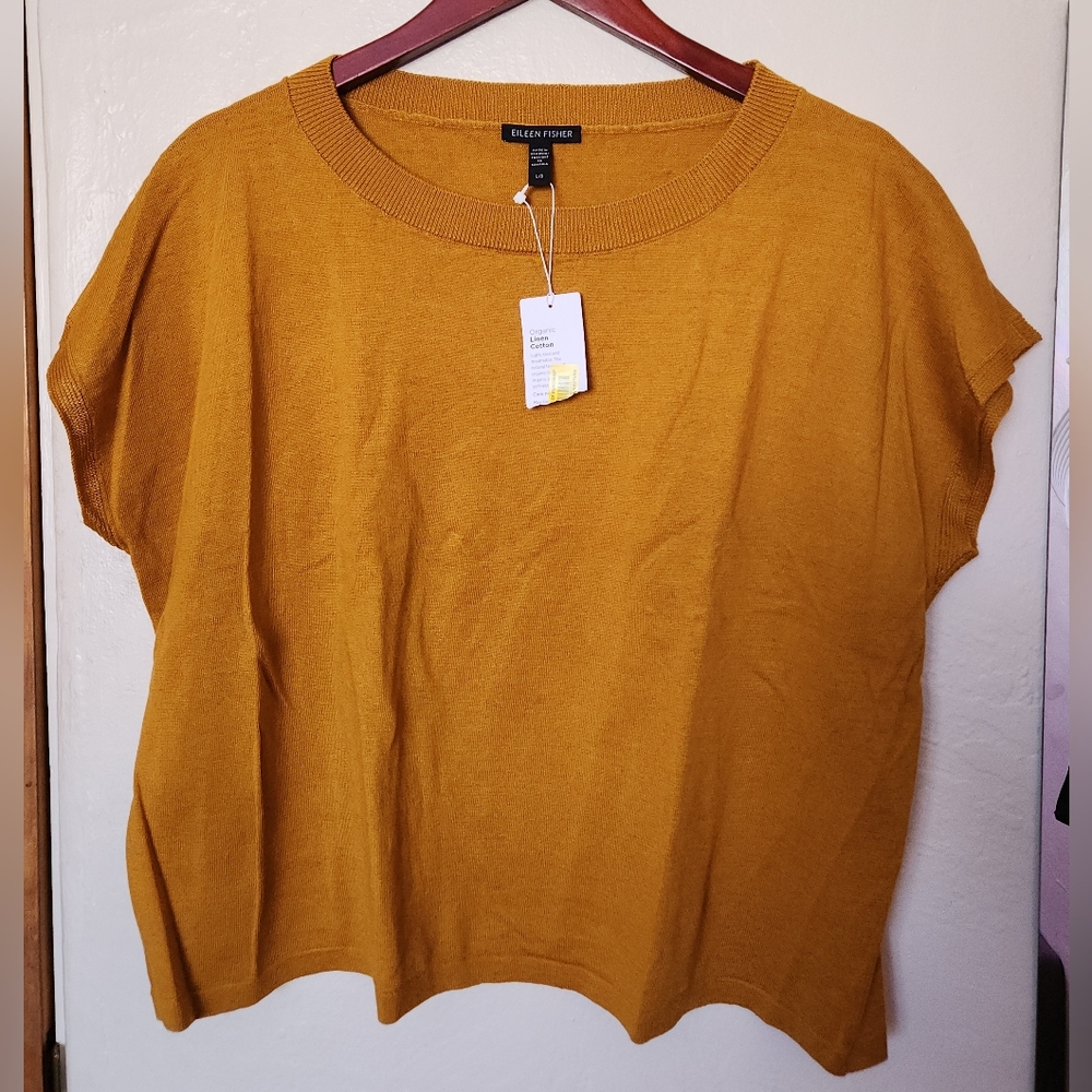 NWT Eileen Fisher Organic Linen Cotton Round Neck Box-Top in Goldenrod Large